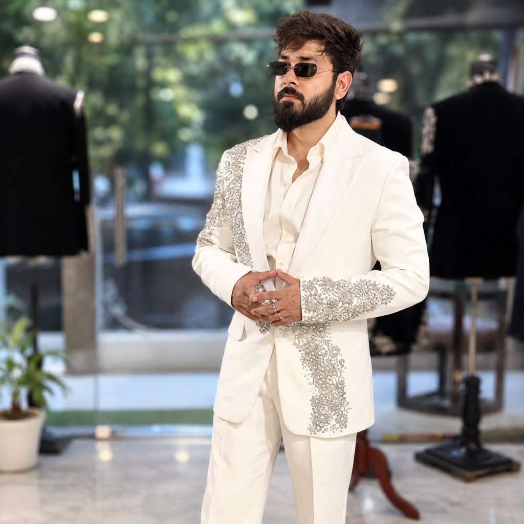 White Crystal Work Tuxedo 3Pc