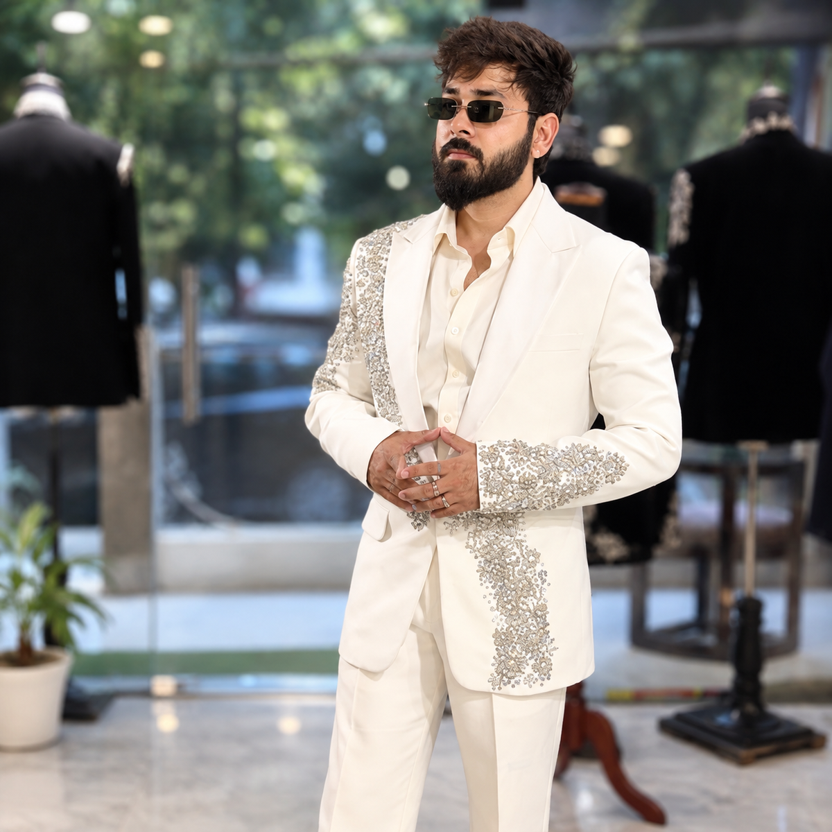 White Crystal Work Tuxedo 3Pc