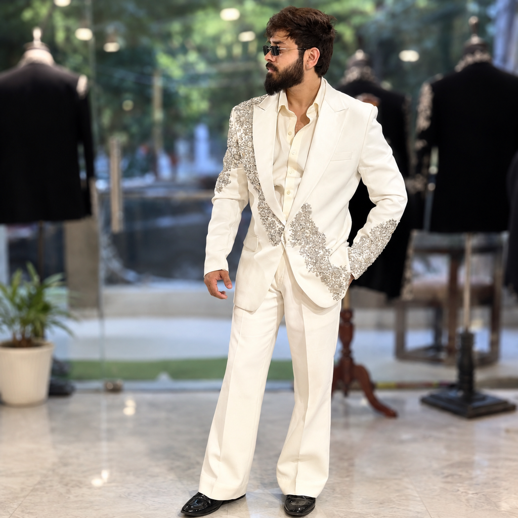 White Crystal Work Tuxedo 3Pc
