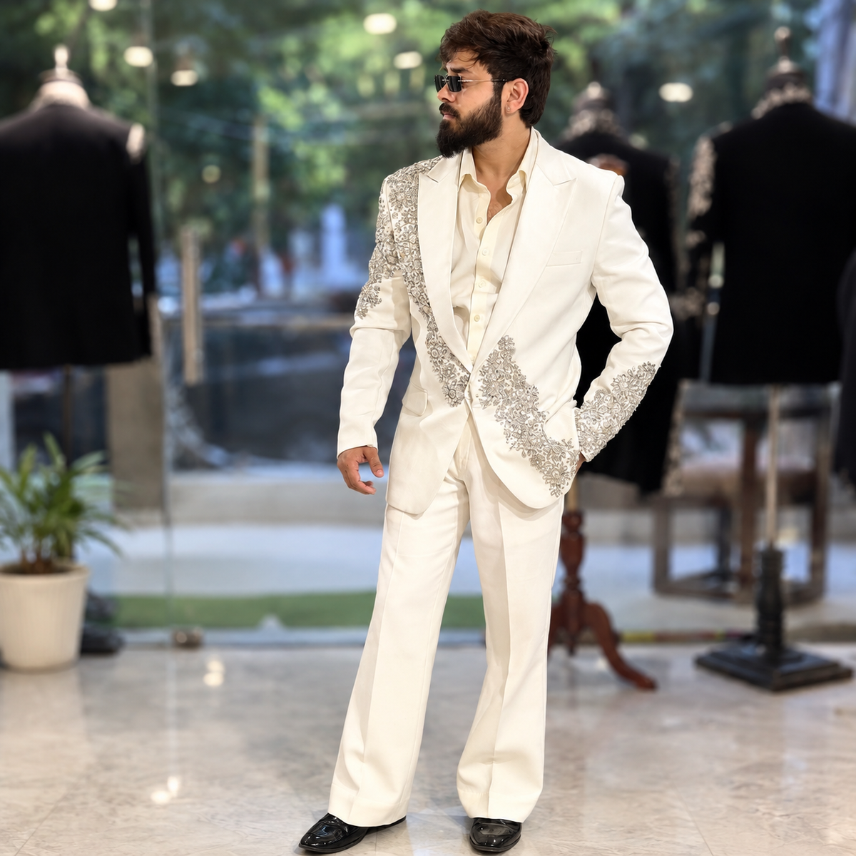 White Crystal Work Tuxedo 3Pc