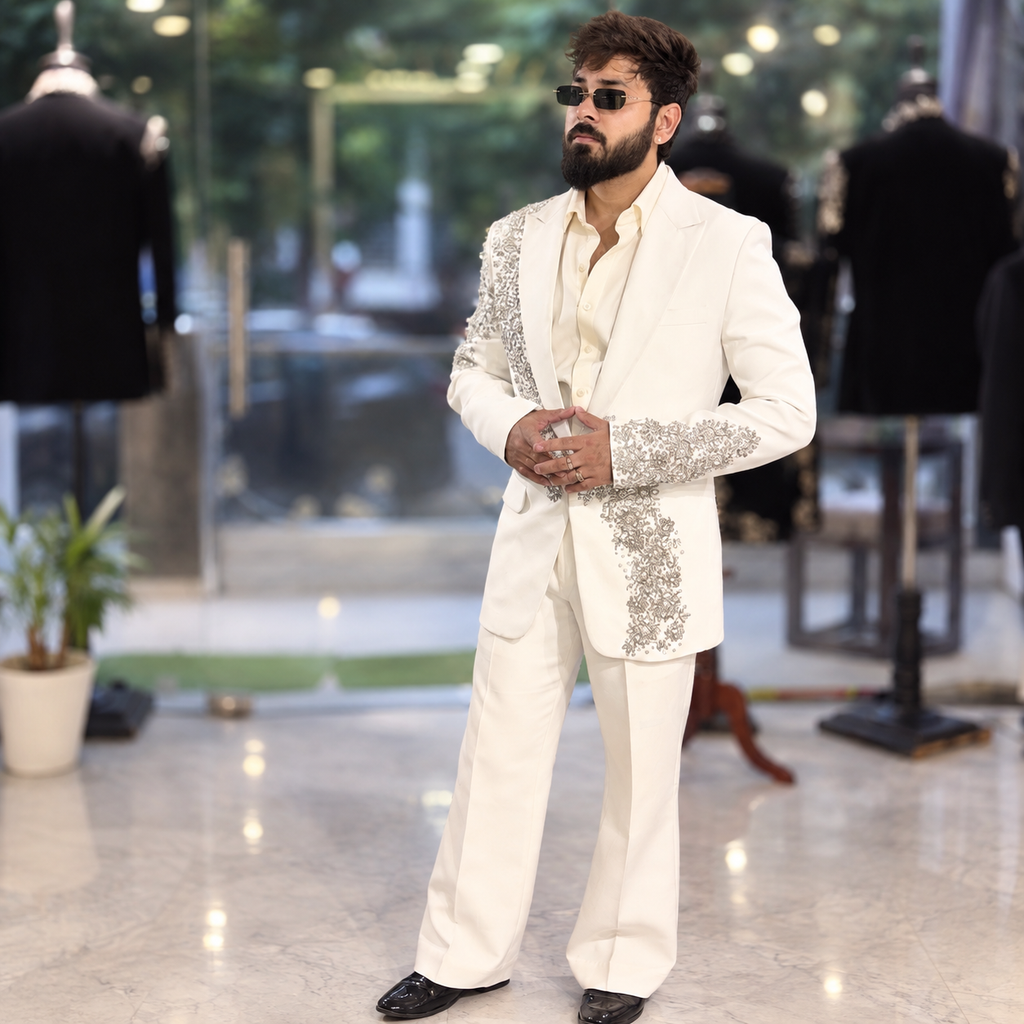 White Crystal Work Tuxedo 3Pc