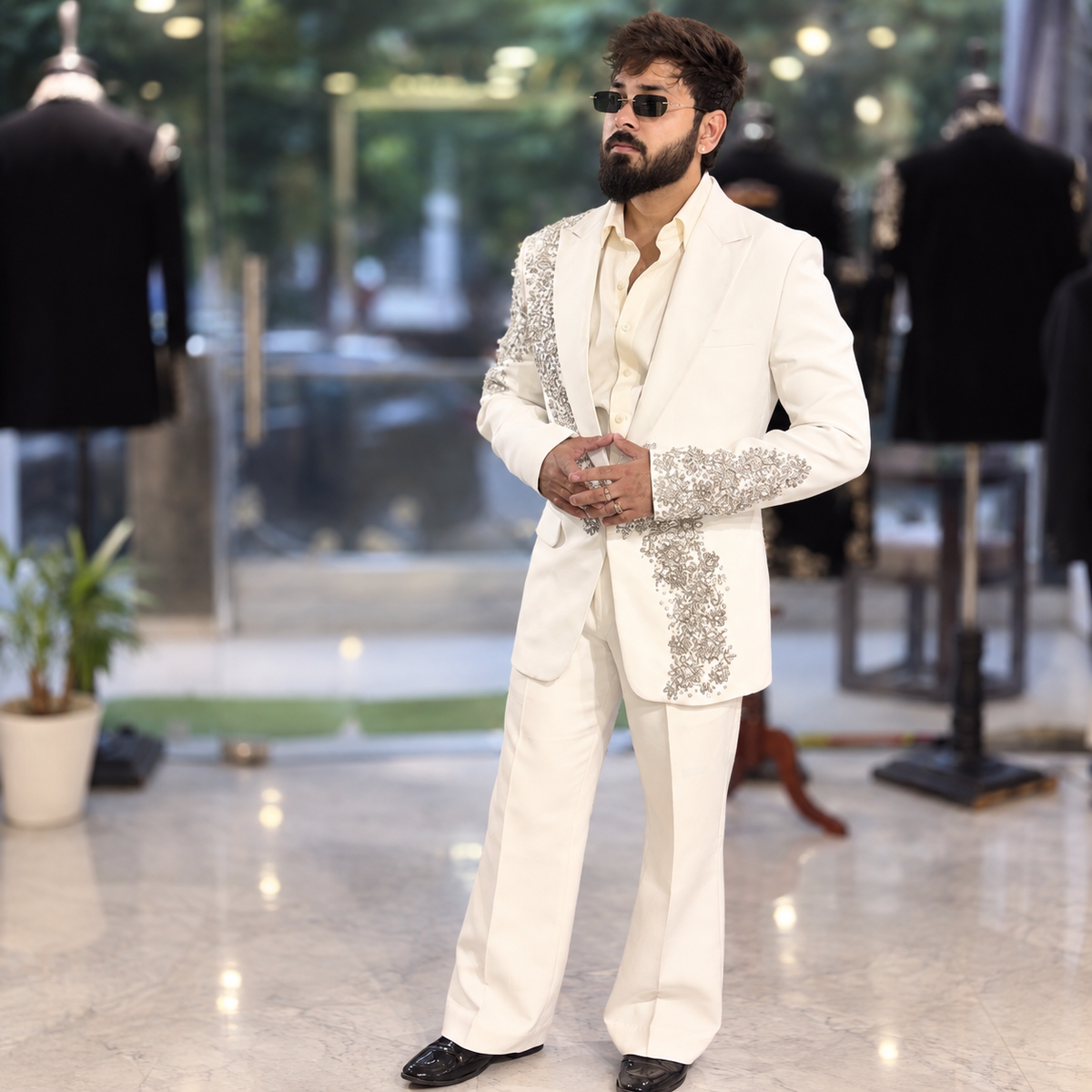 White Crystal Work Tuxedo 3Pc